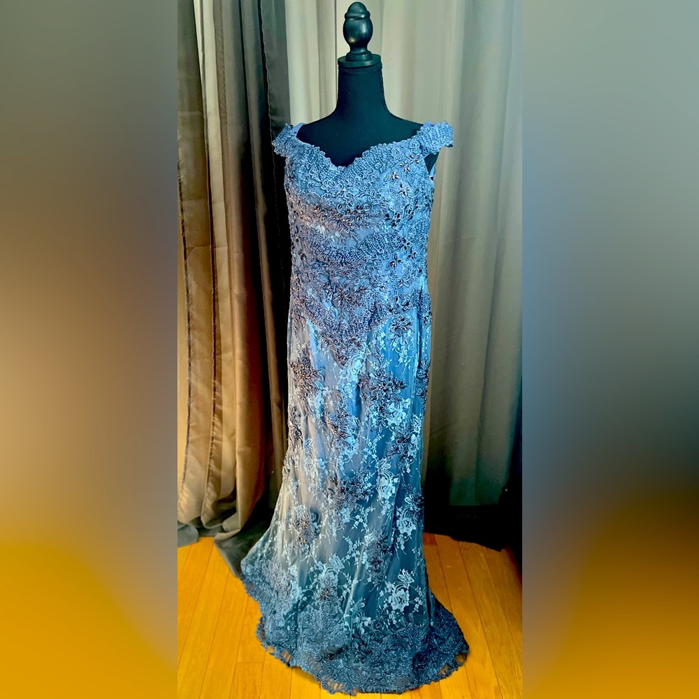 Rina Di Montella periwinkle beaded lace off the shoulder dress.  Fit & Flare
